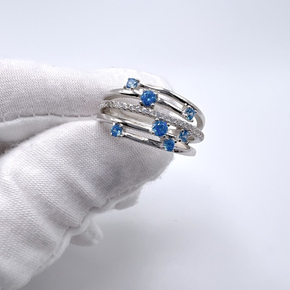 Sterling Silver Blue Topaz Cz & Clear Cz Ring - Picture 11 of 17